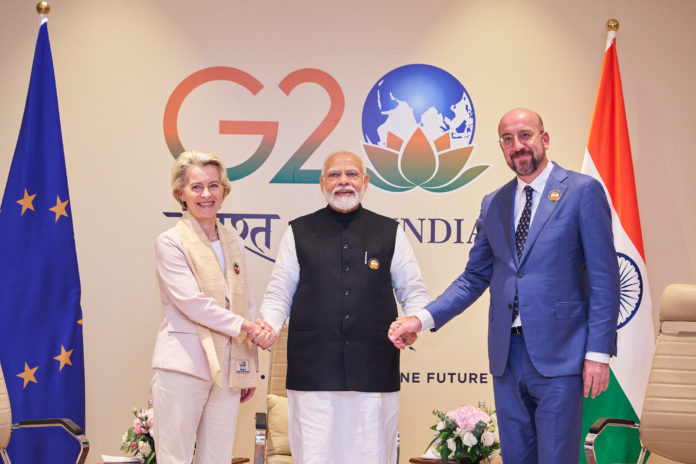 Ursula von der Leyen, Narendra Modi e Charles Michel, Photographer: Dati Bendo. copyright: European Union, 2023, Source: EC - Audiovisual Service